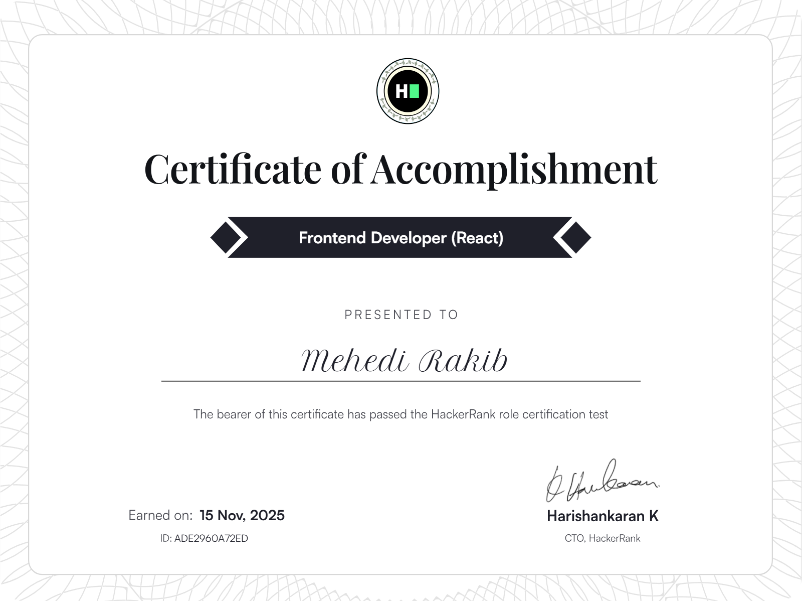 Frontend Developer (React) certificate issued by HackerRank